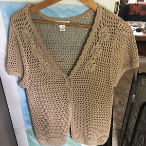 Tan sweater  with pearls  and flowers buttons down